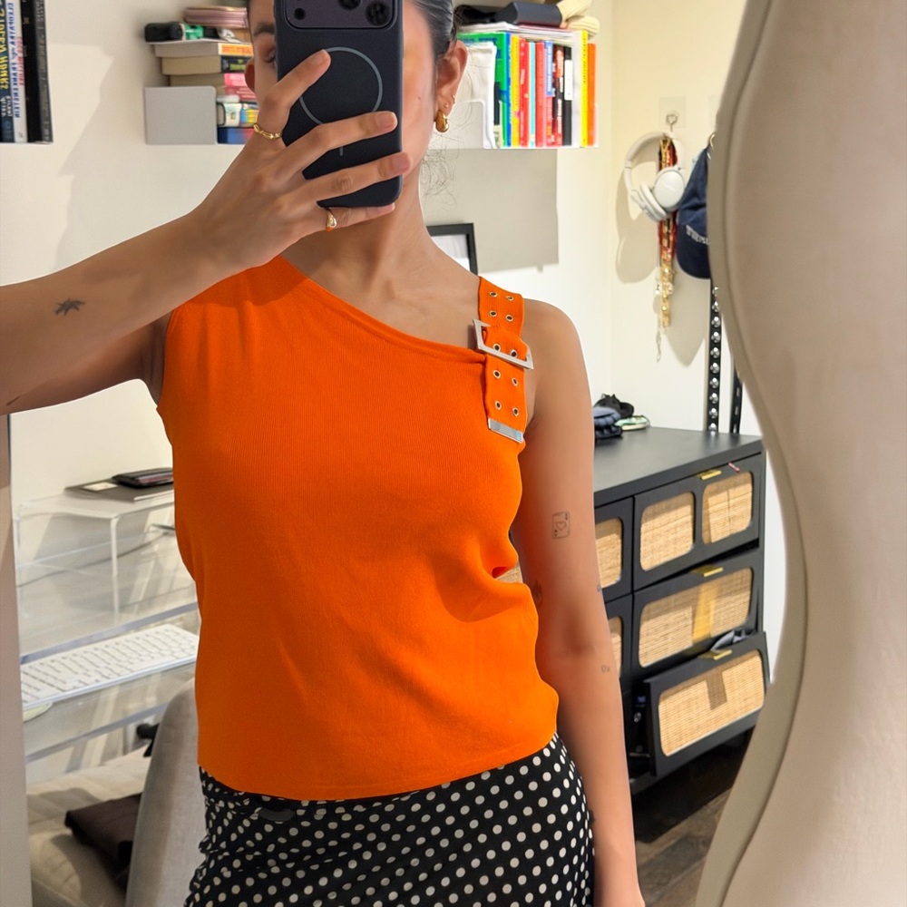 One-Shoulder Buckle Tank Top in Bright Orange